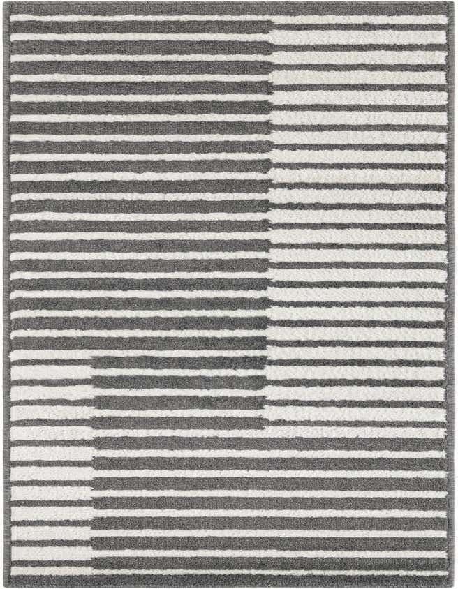 A 6 ft runner rug with a modern gray and white striped pattern, ideal for hallways or kitchens.