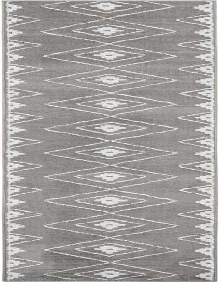 A 12 ft gray runner rug with a modern white diamond and stripe pattern, ideal for a hallway.