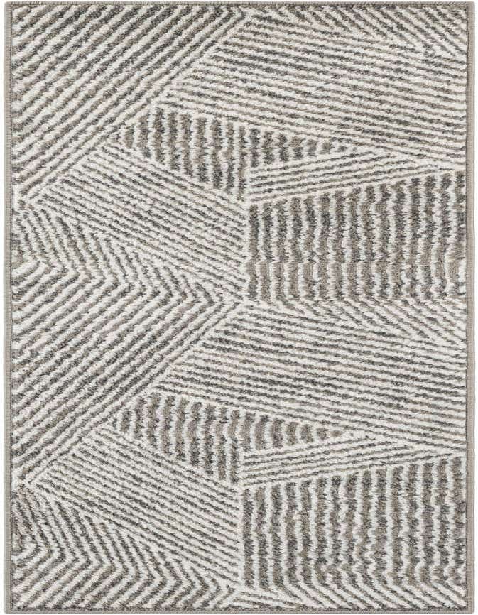 A 6 ft runner rug featuring a modern gray and silver striped geometric pattern, ideal for a hallway or kitchen.
