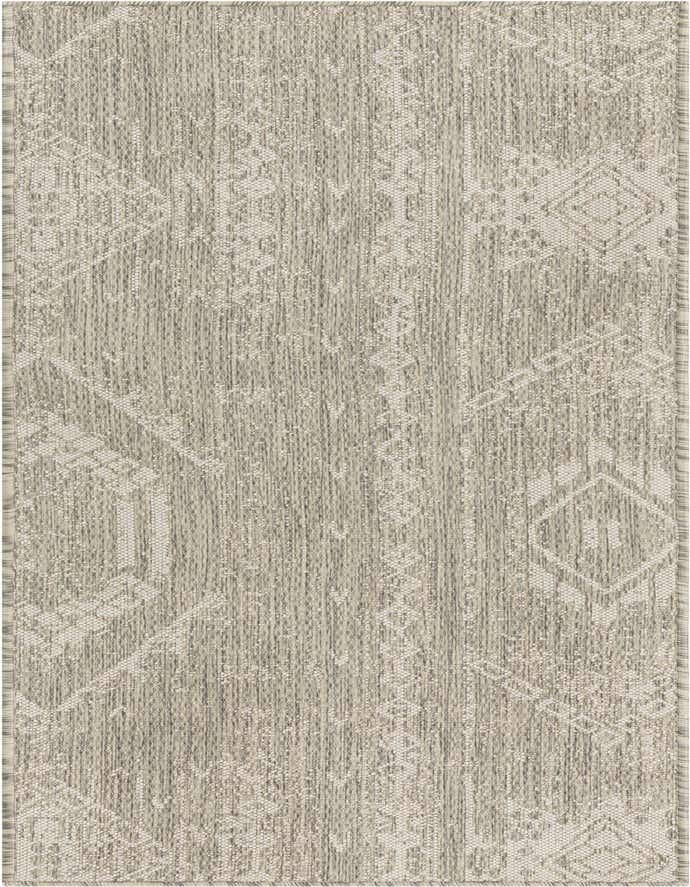 A 6 ft gray runner rug with a modern abstract pattern, suitable for a hallway or patio.
