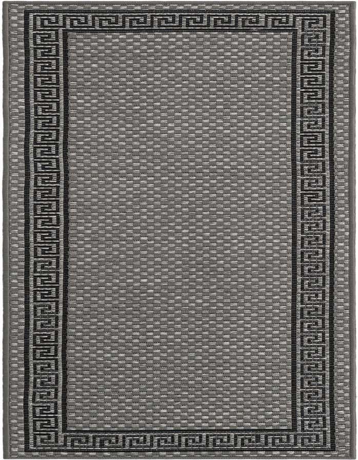 A 6 ft gray runner rug with a black Greek key border, featuring a textured flatweave pattern, ideal for hallways or patios.