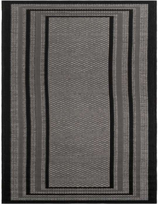 A 10 ft runner rug from Rugs.com's Outdoor Border collection, featuring a modern gray and silver striped pattern with a solid border, suitable for hallways or patios.
