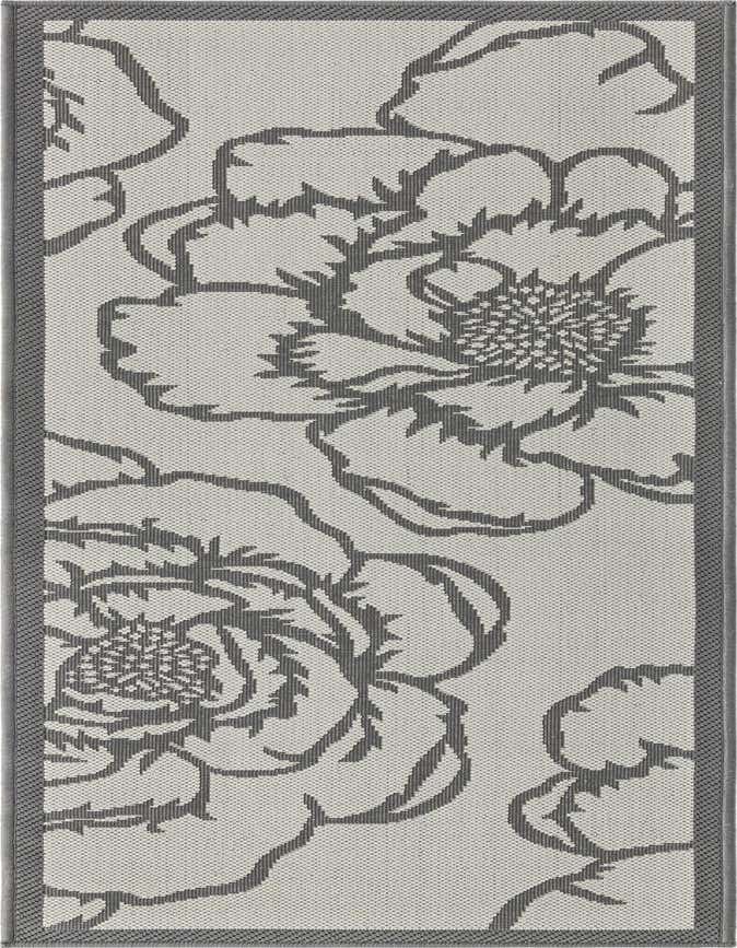 A 6 ft runner rug featuring a modern botanical floral pattern in shades of gray and silver, suitable for indoor or outdoor use.
