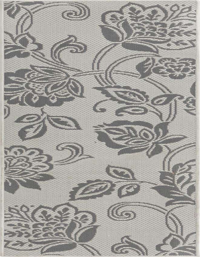 A 6 ft gray runner rug with a repeating botanical floral pattern, ideal for hallways or patios.
