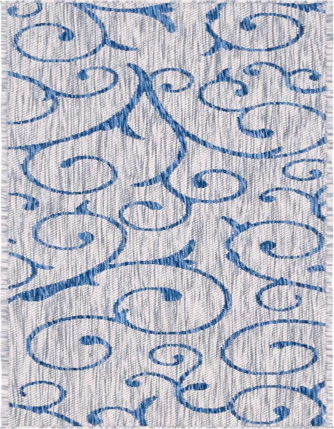 A gray 6 ft runner rug with a repeating blue botanical scroll pattern, suitable for indoor or outdoor use.