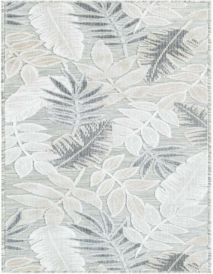 A gray 5 ft runner rug with a modern tropical leaf pattern in varying shades of gray, silver, and beige.