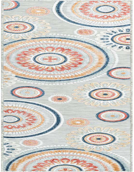 A gray 8 ft runner rug with a modern abstract pattern of colorful medallions in coral, blue, and orange.