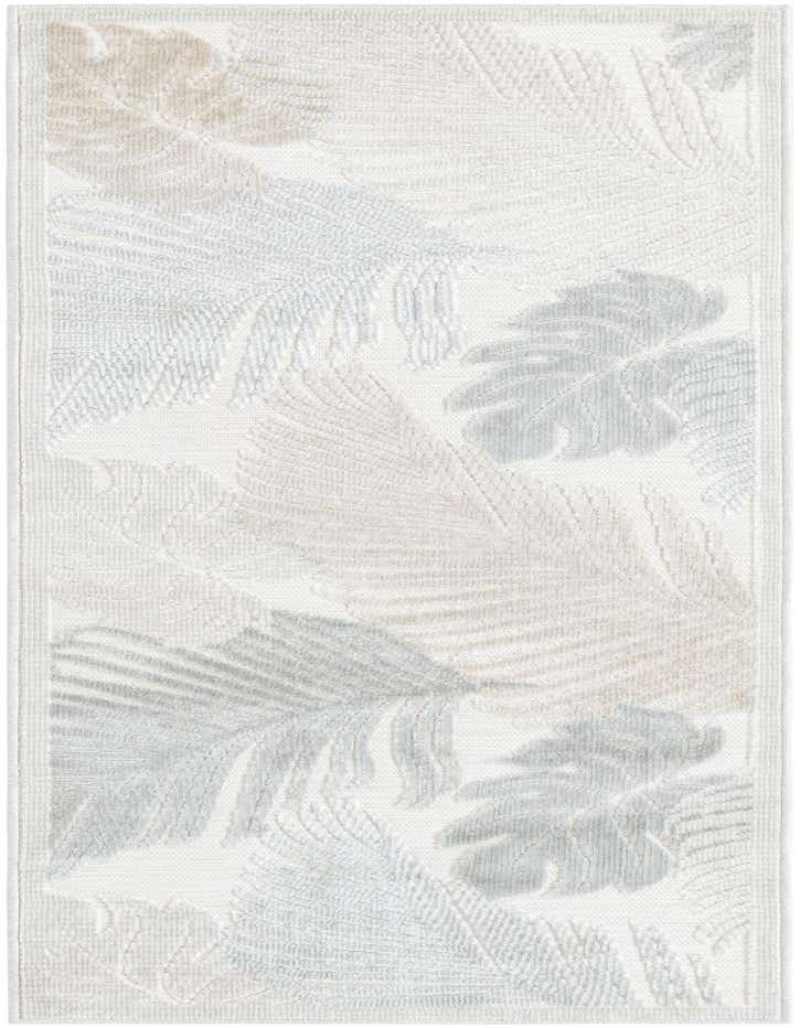 A 6 ft runner rug featuring a modern tropical leaf pattern in varying shades of gray and silver on a light background, suitable for a hallway or patio.
