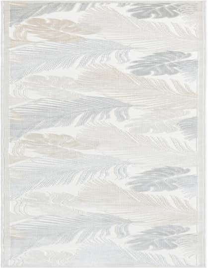 A 12 ft runner rug with a gray and beige tropical leaf pattern on a white background, suitable for a hallway or patio.