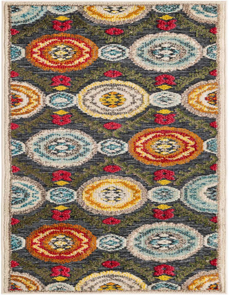 A 5 ft runner rug with a gray background featuring a modern pattern of colorful medallions in orange, yellow, and blue, with green leaf accents.