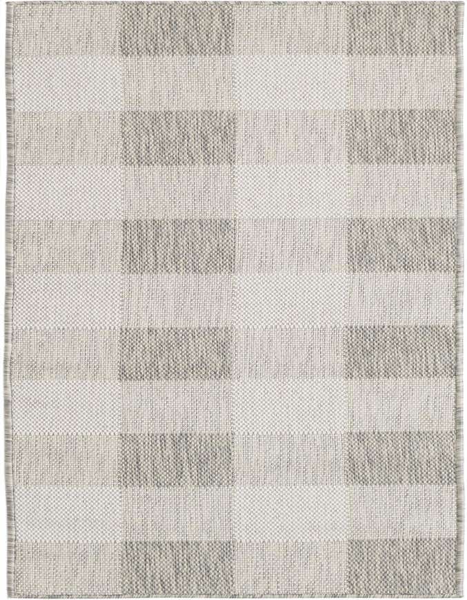 A 6 ft runner rug with a modern checkered pattern in varying shades of gray, suitable for indoor or outdoor use.