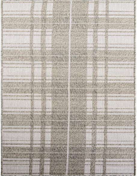 A 12 ft runner rug with a modern gray and silver checkered pattern, suitable for hallways or outdoor patios.