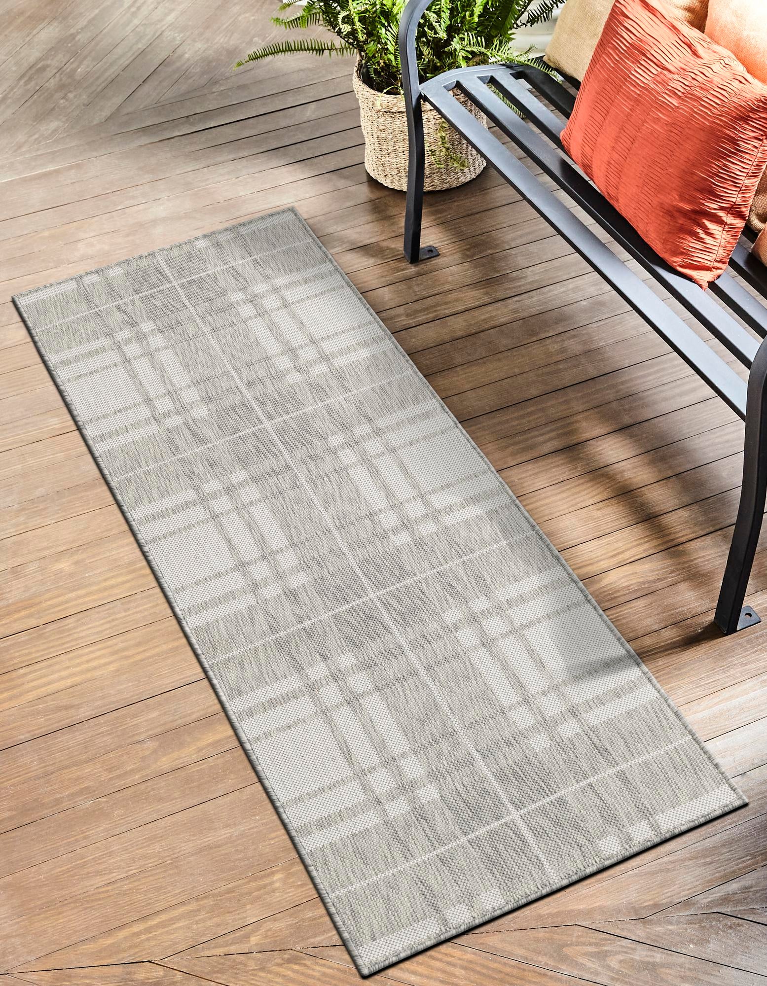Gray 2' 7 x 12' Checkered Indoor / Outdoor Runner Rug | Rugs.com