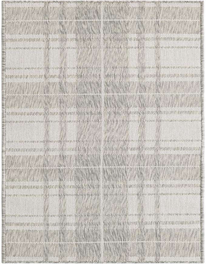 A 6 ft runner rug featuring a modern gray and silver checkered pattern, suitable for indoor or outdoor use.