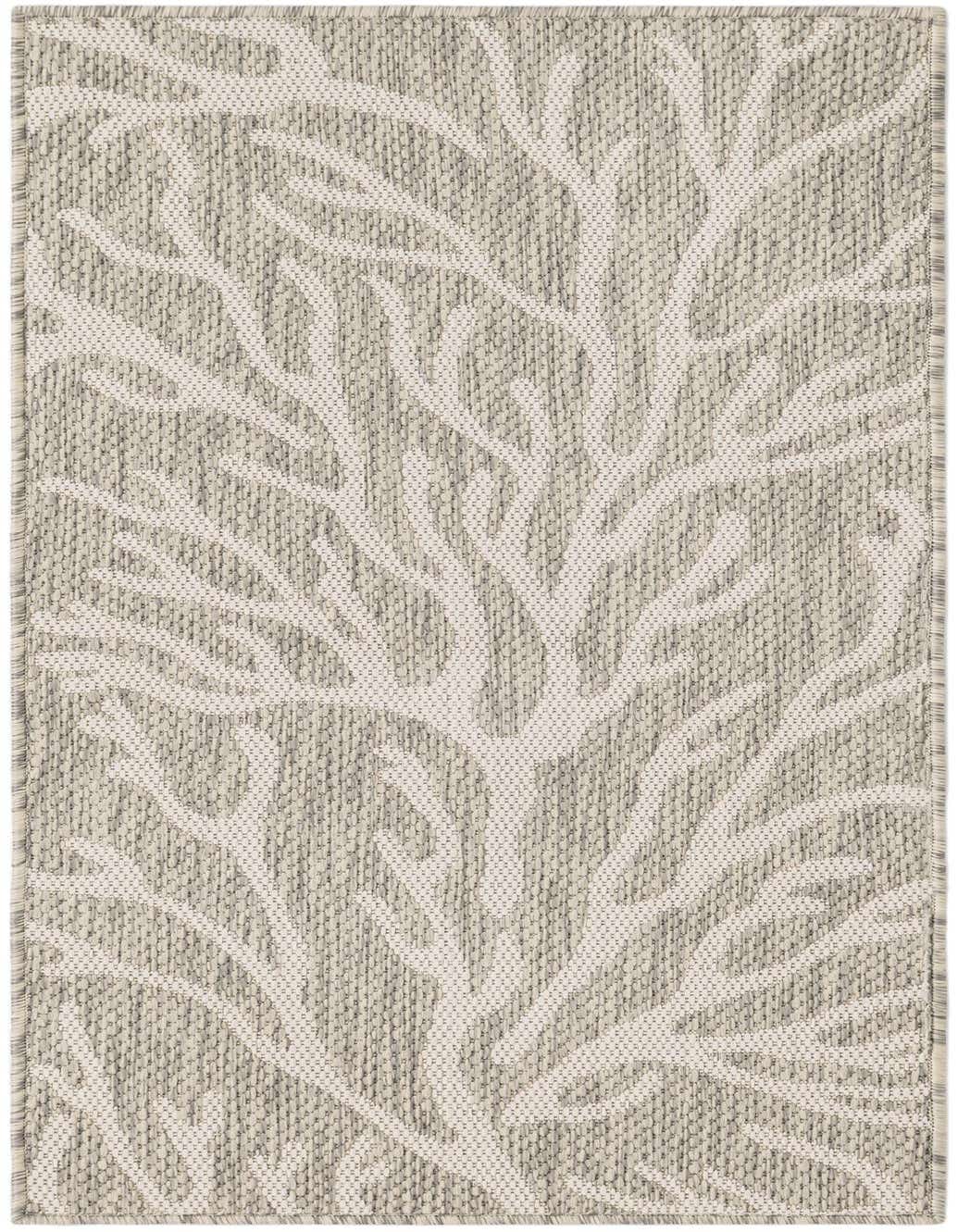 A 4 ft gray runner rug with a modern coastal coral pattern, suitable for hallways or patios.