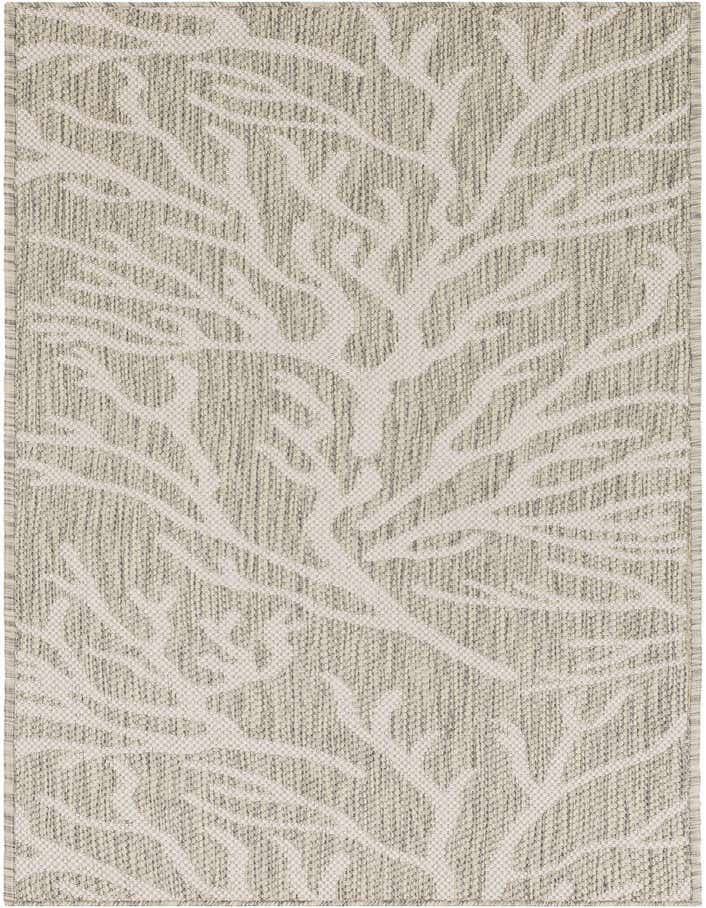 A gray and silver 6 ft runner rug with a modern coastal coral pattern, suitable for hallways or patios.