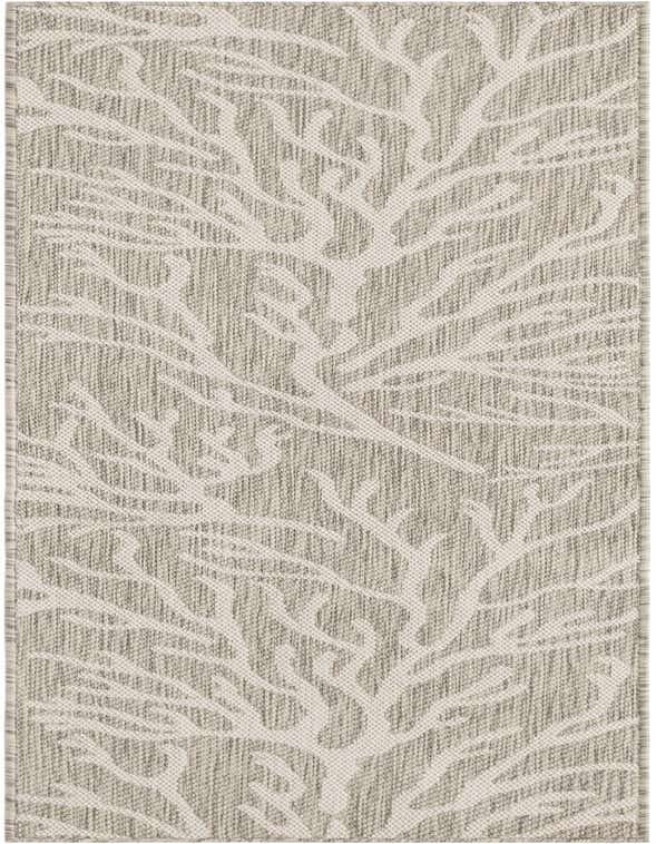 A gray and silver 8 ft runner rug with a modern coastal coral pattern, suitable for hallways or patios.