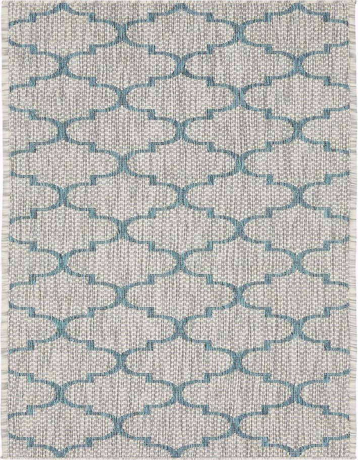 A 6 ft runner rug with a gray textured flatweave background and a repeating teal trellis pattern, suitable for indoor or outdoor use.