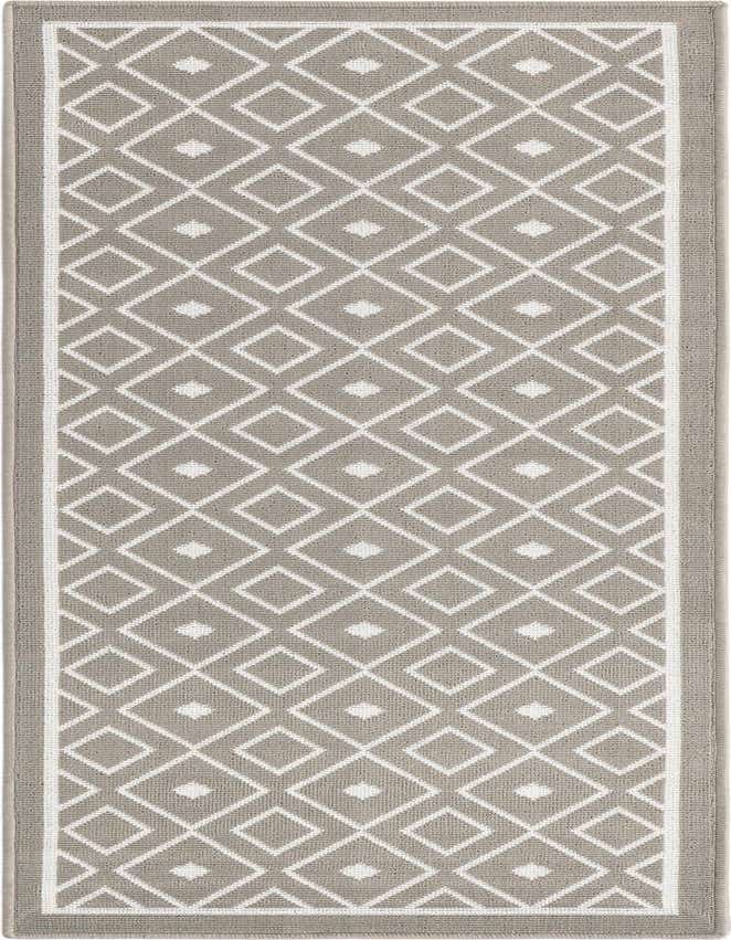 A 6 ft runner rug with a gray background and a repeating white geometric diamond pattern, suitable for a hallway or kitchen.