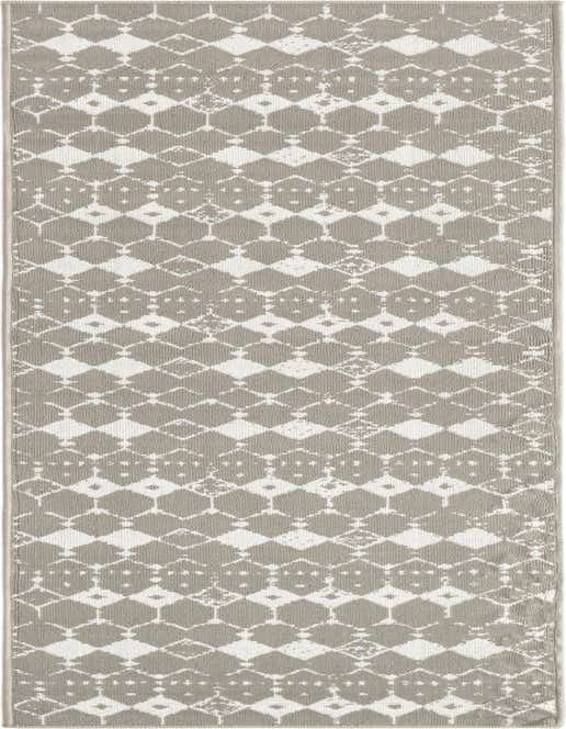 A gray and white 8 ft runner rug with a distressed trellis pattern, suitable for a kitchen, hallway, or patio.