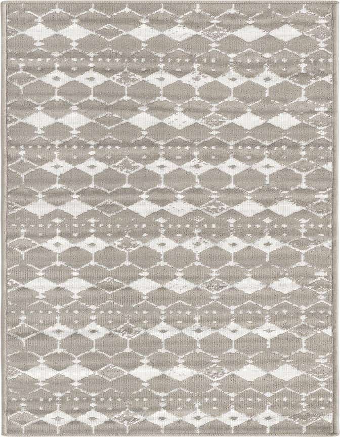A 6 ft runner rug featuring a gray and white transitional geometric lattice pattern, suitable for indoor or outdoor use.