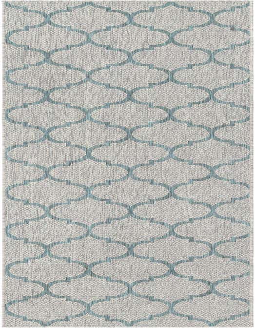 A 10 ft runner rug with a gray background and a repeating teal trellis pattern, suitable for a hallway or patio.