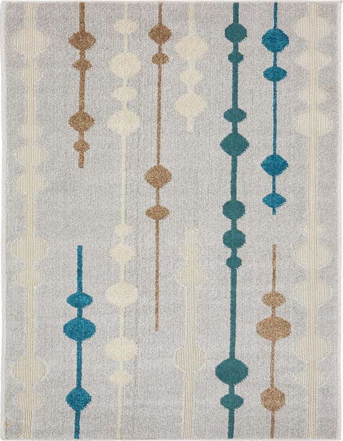 A 6 ft runner rug with a gray background featuring vertical stripes of teal, brown, and cream geometric shapes.