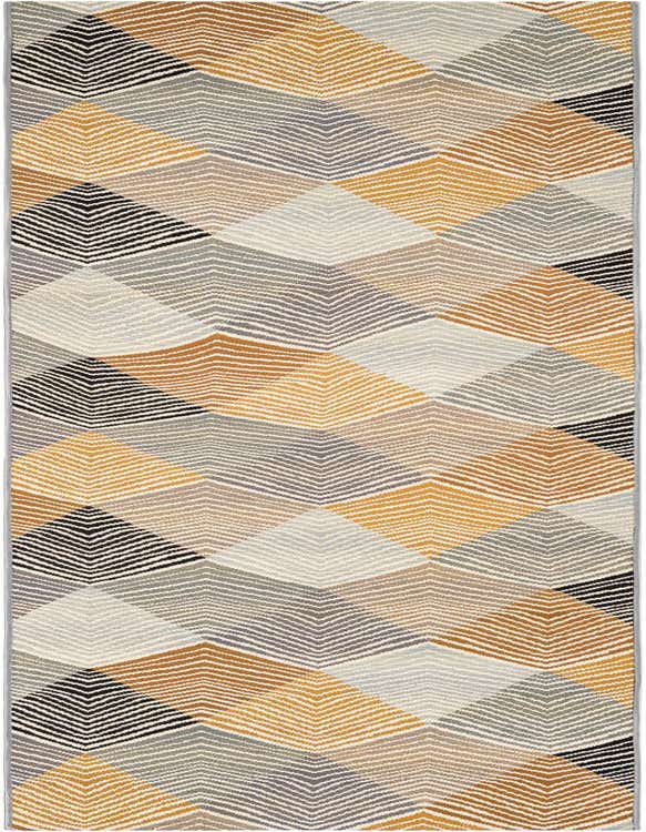 A 10 ft runner rug with a modern abstract pattern in grays, silvers, black, and gold, featuring textured chevron stripes.