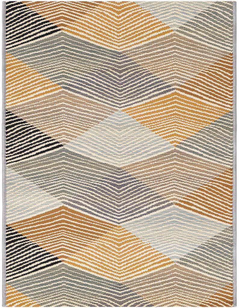 A 5 ft runner rug featuring a modern abstract chevron pattern in shades of gray, silver, gold, and black.