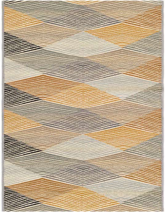 A modern 8 ft runner rug with a textured chevron pattern in shades of gray, silver, cream, and warm gold, suitable for a hallway or patio.