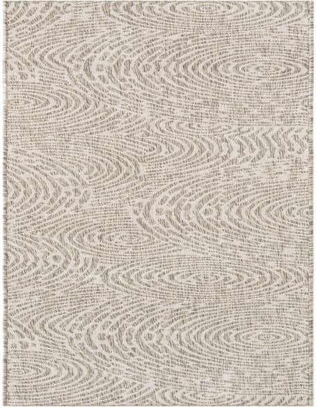 A 12 ft gray runner rug with a modern abstract pattern of swirling lines and circles, suitable for hallways or patios.