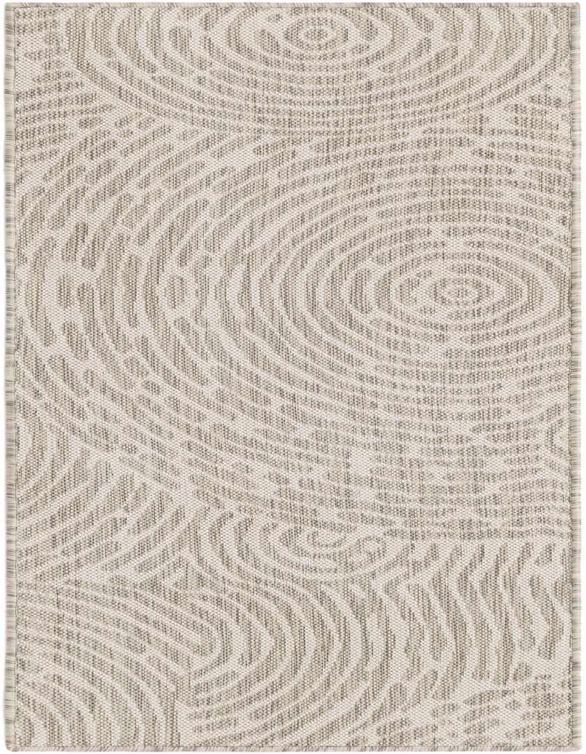 A 5 ft runner rug in grays and silvers with a modern abstract pattern, suitable for indoor/outdoor use.