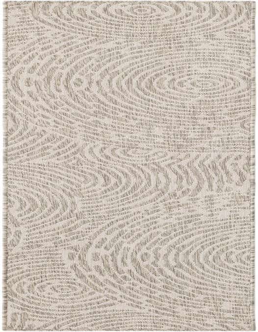 An 8 ft runner rug featuring a modern abstract pattern of swirling gray lines and dots on a light silver background, suitable for hallways or patios.
