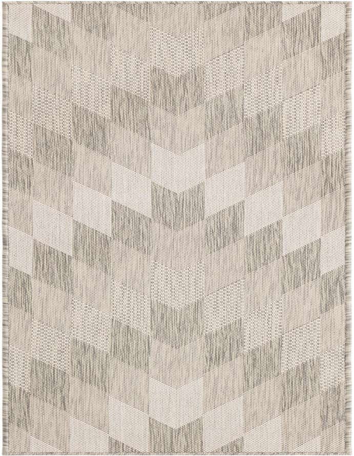 A 6 ft runner rug with a gray and silver tribal, Southwestern, and modern stripe pattern, suitable for indoor/outdoor use.