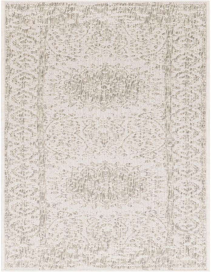 A 6 ft runner rug in shades of gray and silver with a vintage medallion pattern, suitable for indoor or outdoor use.