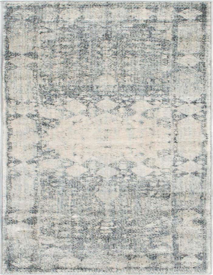 A 6 ft runner rug with a distressed gray and silver medallion pattern, ideal for a hallway or kitchen.