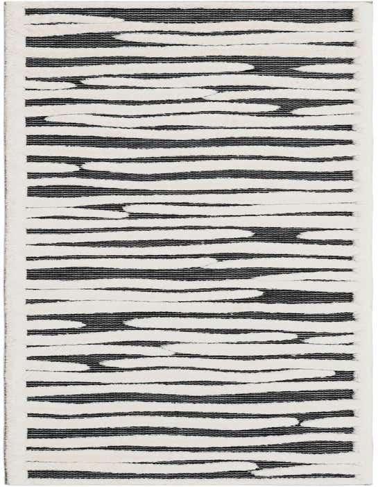 A 10 ft runner rug featuring a modern abstract pattern of textured gray stripes and solid off-white bands.