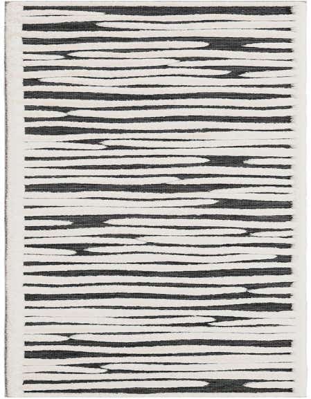 A 12 ft runner rug featuring a textured, high pile with alternating horizontal stripes of dark gray and off-white, ideal for a hallway.