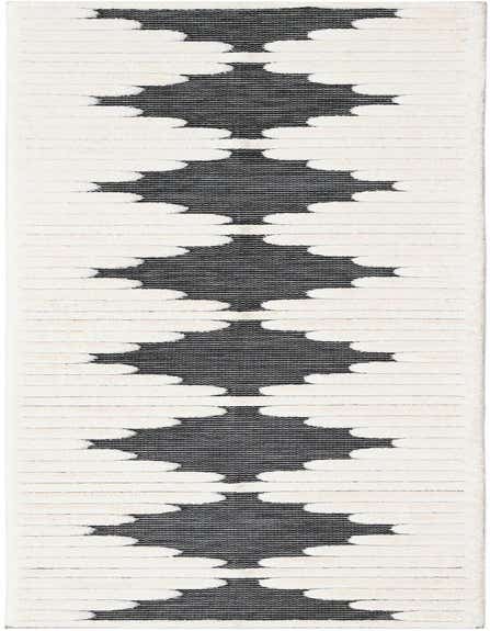A 12 ft runner rug with a bold geometric pattern in gray and off-white, featuring a textured high pile.