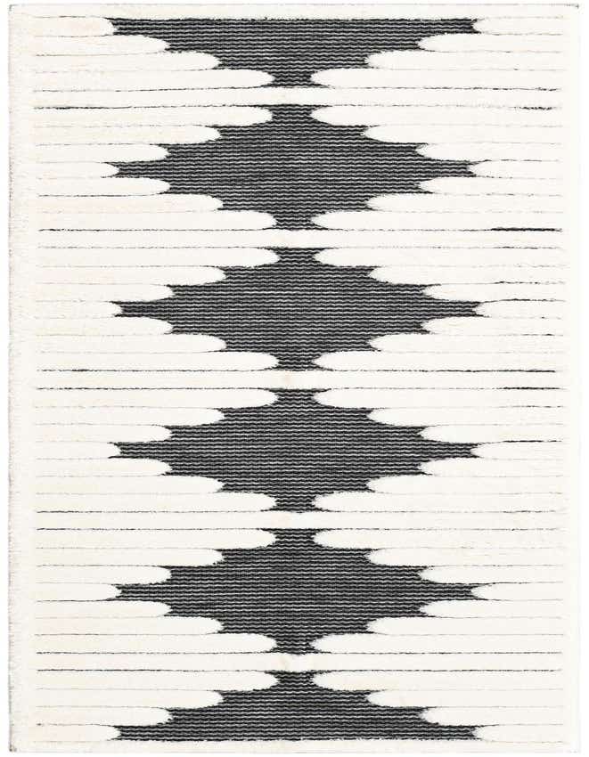 A gray and white runner rug featuring a repeating geometric pattern of large, textured diamond shapes.