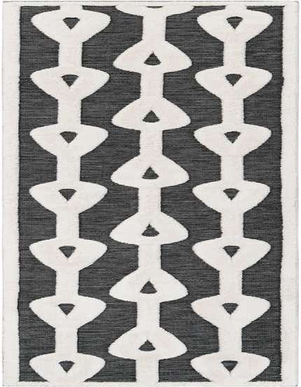 A 12 ft runner rug featuring a bold modern pattern of thick white geometric shapes on a textured gray background, ideal for a hallway.