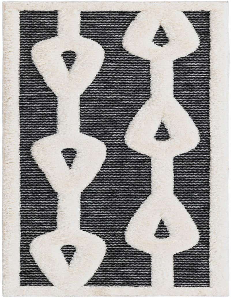 A 5 ft runner rug with a bold, modern pattern featuring thick, cream-colored interlocking loops on a textured gray and black striped background.