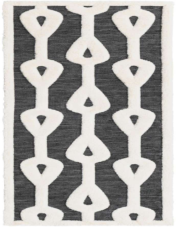 A gray and white 8 ft runner rug with a bold, repeating geometric pattern, perfect for a hallway.
