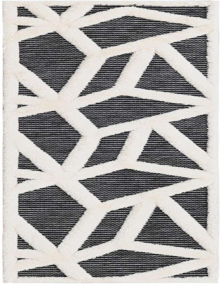 A 6 ft runner rug featuring a modern geometric pattern with thick, raised cream lines over a textured gray and silver base.