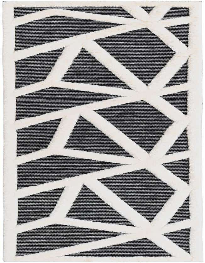 A gray and white runner rug with a modern geometric pattern, featuring thick white lines over a textured gray background, ideal for a hallway.