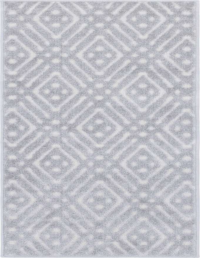 A 6 ft runner rug with a modern tribal trellis pattern in varying shades of gray, suitable for hallways or patios.