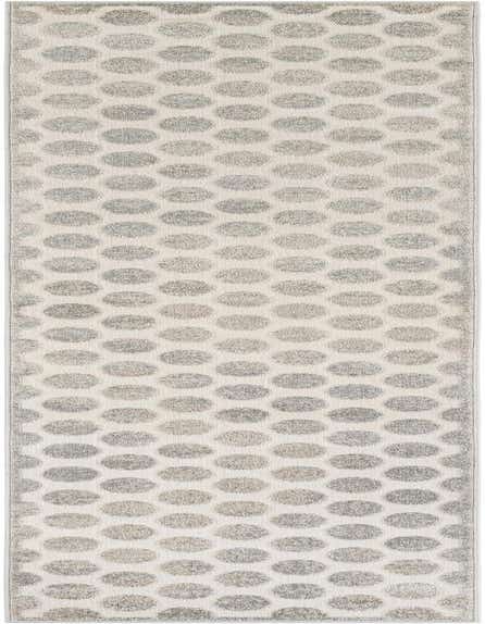 A 12 ft runner rug featuring a modern abstract pattern of textured gray and silver polka dots on a light, woven background, suitable for a hallway or patio.