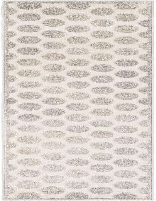 An 8 ft runner rug with a modern abstract pattern of textured gray ovals on a light gray background, suitable for indoor/outdoor use.