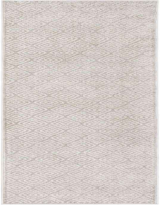 A 10 ft runner rug in shades of gray and silver, featuring a modern geometric diamond pattern, suitable for a hallway or patio.