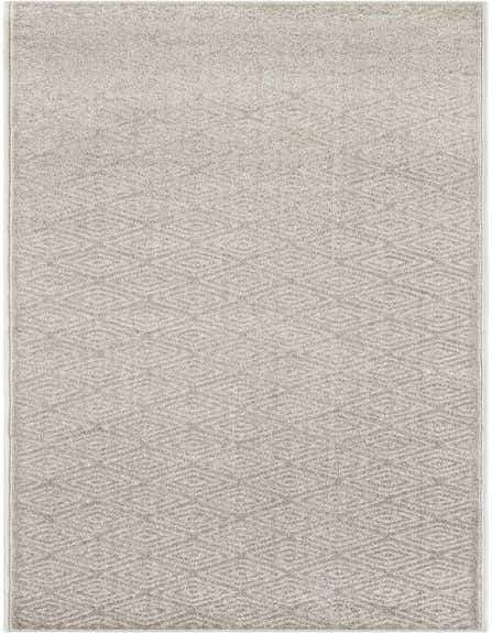A 12 ft runner rug in grays and silvers with a modern geometric diamond pattern, suitable for a hallway or patio.